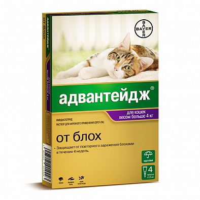 Bayer Адвантейдж Капли для кошек более 4кг от блох 4пипетки*0,8мл