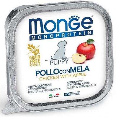 Консервы Monge Dog Monoprotein Fruits для щенков паштет из курицы с яблоком