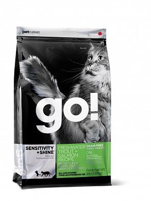 Сухой корм Go! Sensitivity + Shine Trout+Salmon Cat Recipe, Grain Free для кошек, Чувствительное пищеварение, Форель/Лосось