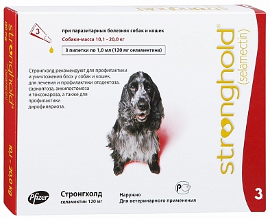 Pfizer Стронгхолд 120мг капли для собак 10-20кг 1мл*3пипетки (красный)
