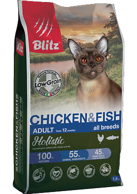 Сухой корм Blitz Holistic корм низкозерновой для кошек всех пород, Курица/Рыба