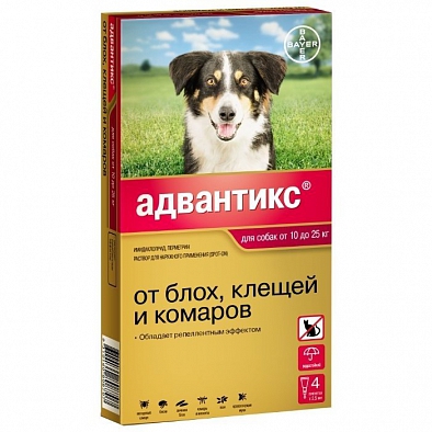 Bayer АДВАНТИКС Капли для собак 10-25кг от блох и клещей 4пипетки*2,5мл
