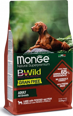 Сухой корм Monge Dog BWild GRAIN FREE беззерновой из мяса ягненка с картофелем и горохом для взрослых собак всех пород