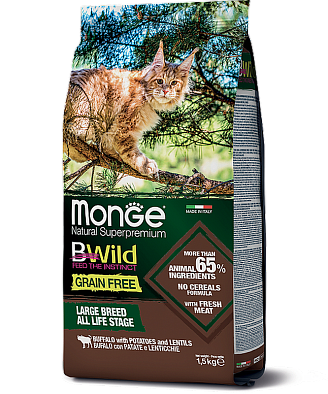 Сухой корм Monge Cat BWild GRAIN FREE беззерновой из мяса буйвола для крупных кошек всех возрастов