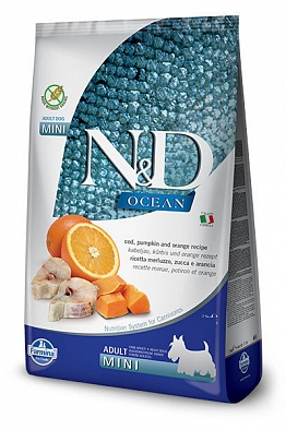 Сухой корм Farmina N&D OCEAN Mini беззерновой для собак мелких пород, треска, тыква и апельсин