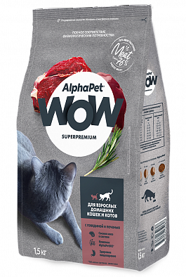 Сухой корм AlphaPet WOW для взрослых домашних кошек с Говядиной и печенью