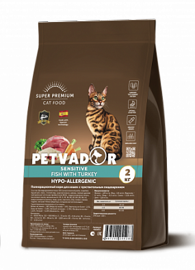 Сухой корм PETVADOR для кошек с чувствительным пищеварением с рыбой и индейкой