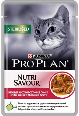 Паучи Pro Plan Nutrisavour Sterilised для взрослых кошек, Кастрированные или стерилизованные, кусочки в соусе, утка