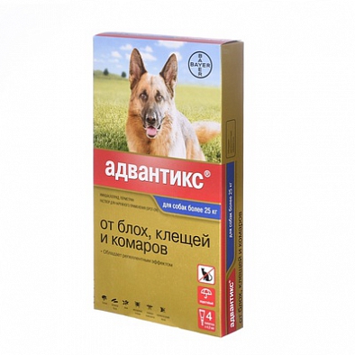 Bayer АДВАНТИКС Капли для собак более 25кг от блох и клещей 4пипетки*4мл